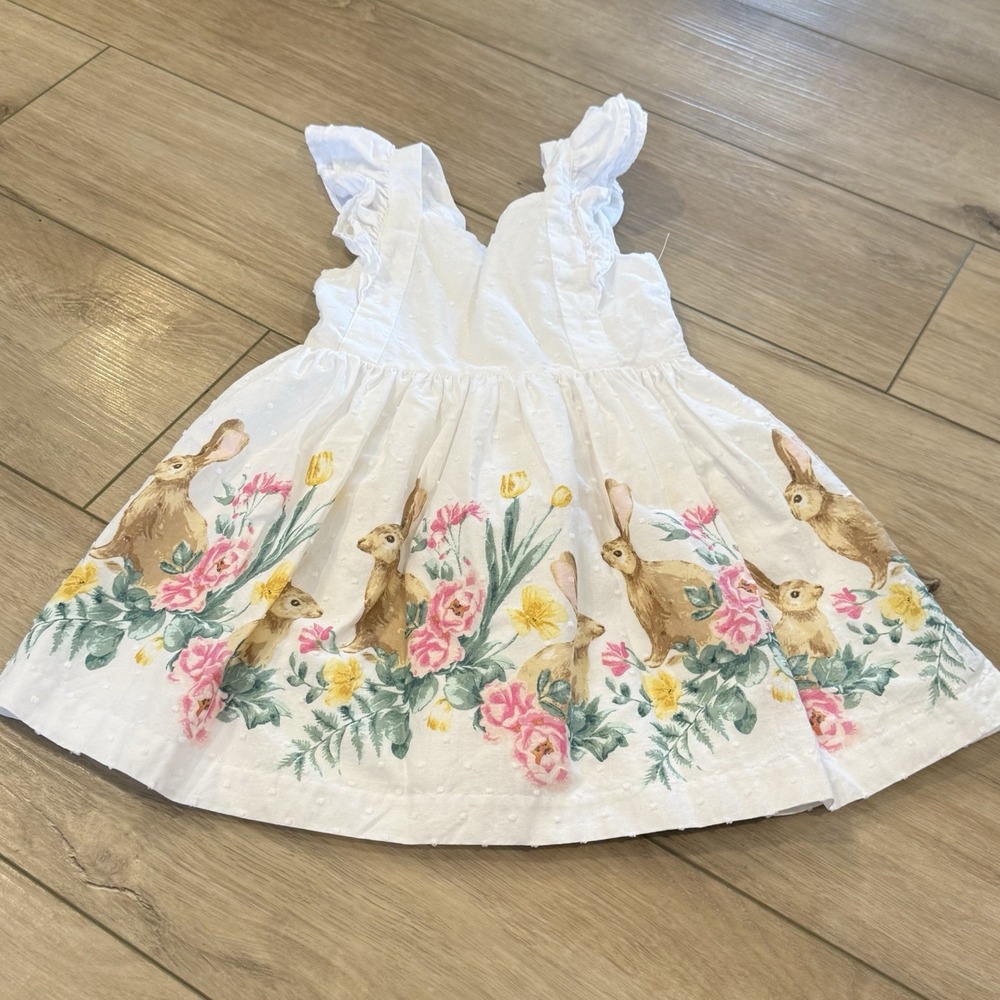 Janie and Jack Bunny Border Dress White Swiss Dot Ruffle Easter 3T
